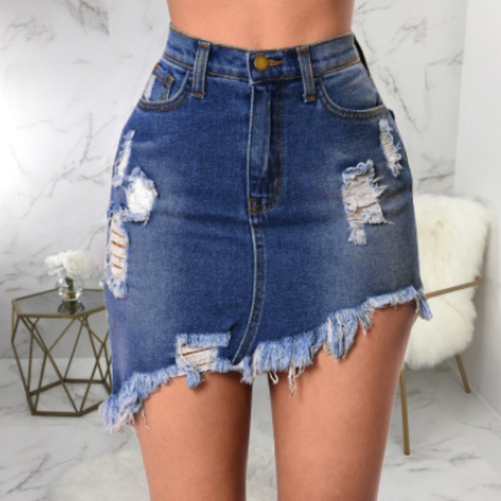 Raged Hem Irregular Hem Denim Skirt